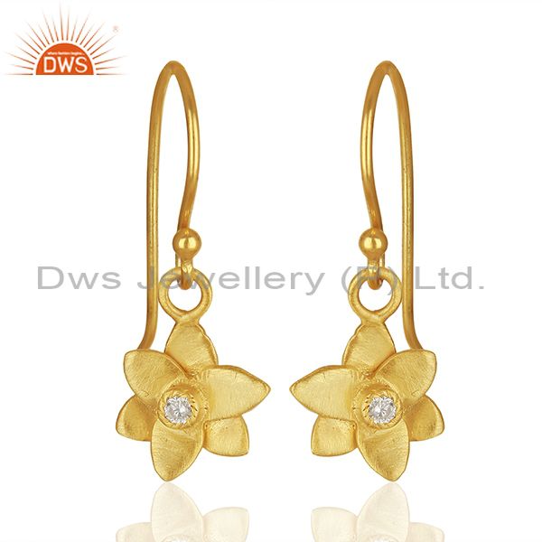 18k Gold Plated with White Zircon Flower Design Dangle Brass Earrings Jewellery