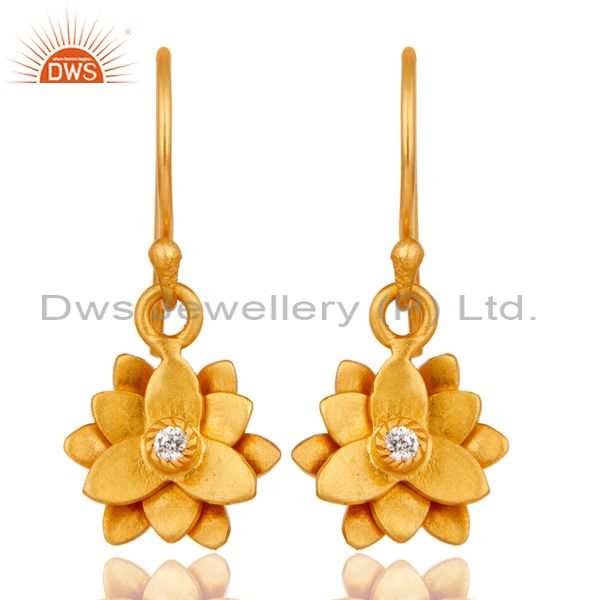 18k Gold Plated with White Zircon Flower Design Brass Dangle Earrings Jewellery