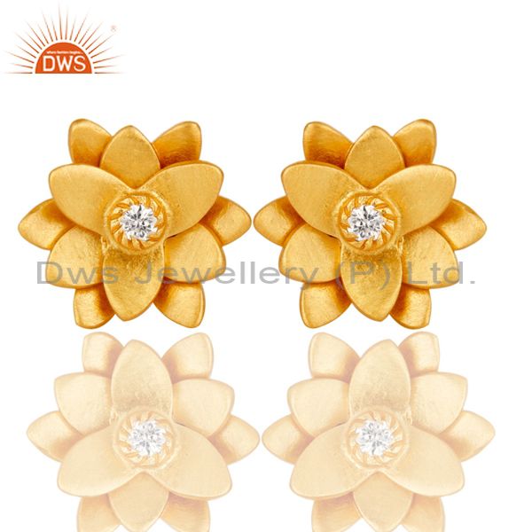 18k Gold Plated with White Zircon Flower Design Stud Brass Earrings Jewellery