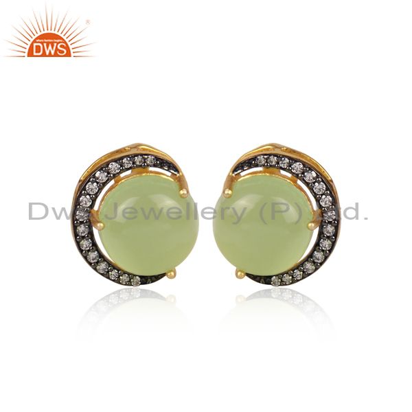 Cz And Prehnite Set Gold And Black On Brass Round Earrings