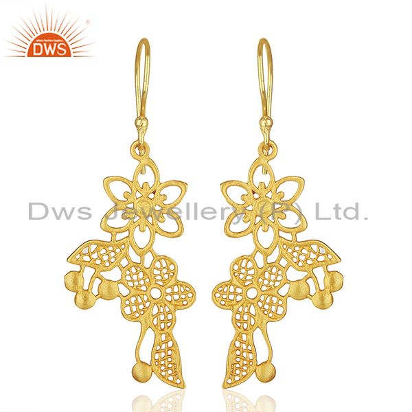 Flower Carving Shape Traditional Brass Earrings with 18k Yellow Gold Plated