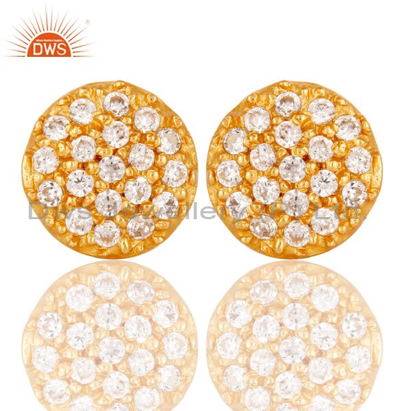 18k Gold Plated Simple Round Cut Brass Stud Earrings with White Zircon
