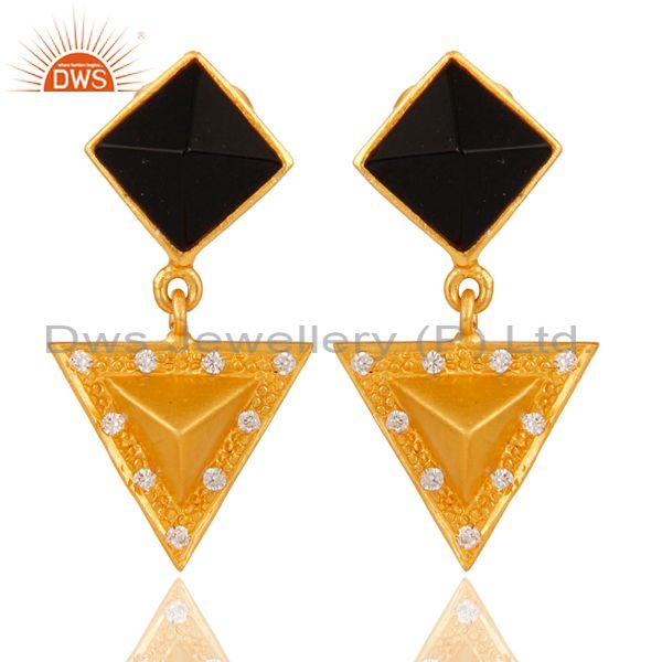 Black Onyx And Cubic Zarconia Triangle Design Fashion Earrings