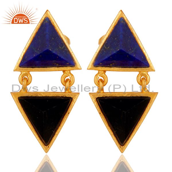 Handmade Lapis & Black Onyx Tip Top Design Brass Earrings with 18k Gold Plated
