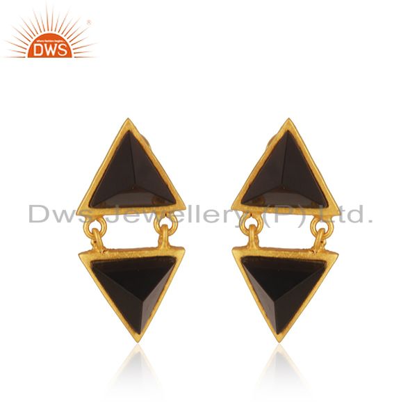 Handmade Gold Plated Brass Fashion Black Onyx Gemstone Girls Earrings