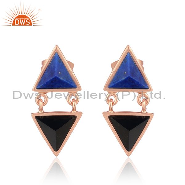 Black Onyx Lapis Lazuli Gemstone Rose Gold Plated Fashion Earrings