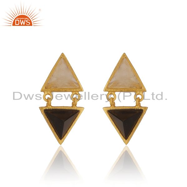 Rainbow Moonstone and Black Onyx Gemstone Brass Fashion Earrings