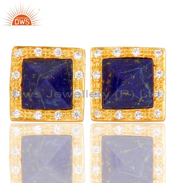 Handmade Lapis & CZ Cushion Design Brass Stud Earrings with 18k Gold Plated