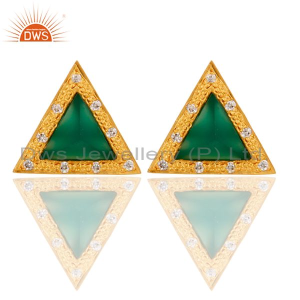 Green Onyx & Cubic Zarconia Design Brass Stud Earrings with 18k Gold Plated