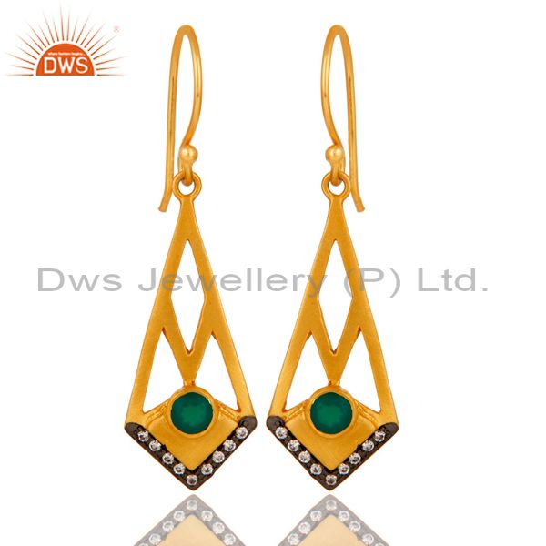 18k Gold Plated Traditional Dangle Earrings with Green Onyx & Cubic Zarconia