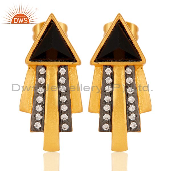 Traditional Handmade Arrow Design Brass Earrins with 18k Gold Plated & CZ