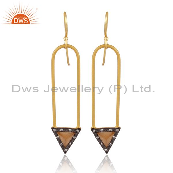 18k Gold Plated Moonstone & Zirconia Charm Arrow Design Dangle Brass Earrings