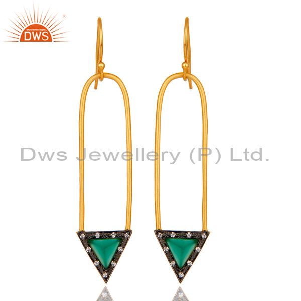 18k Gold Plated Green Onyx & Zirconia Charm Arrow Design Dangle Brass Earrings