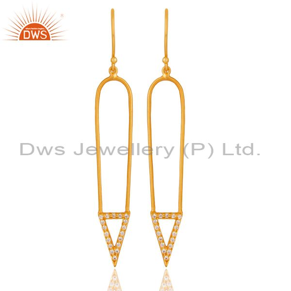 Traditional 18k Gold Plated Long Arrow Charm Design White Zircon Brass Earrings