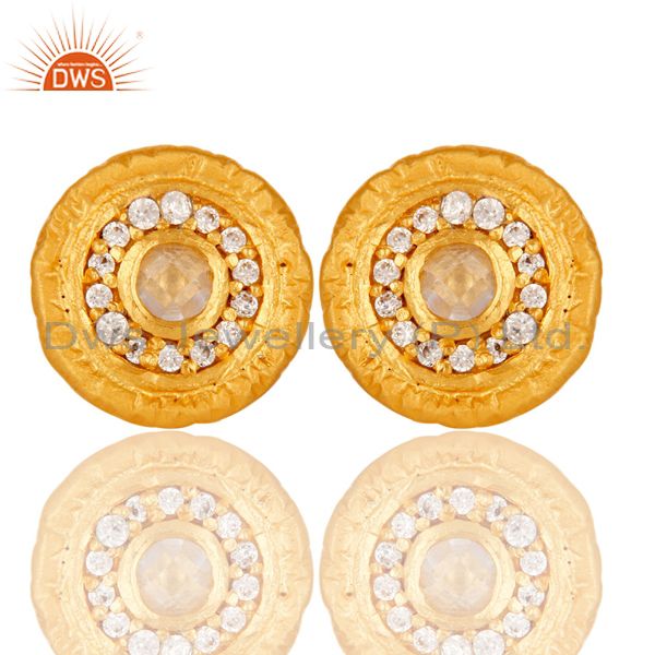 18k Gold Plated Round Hanmde Brass Stud Earrings with Cubic Zarconia