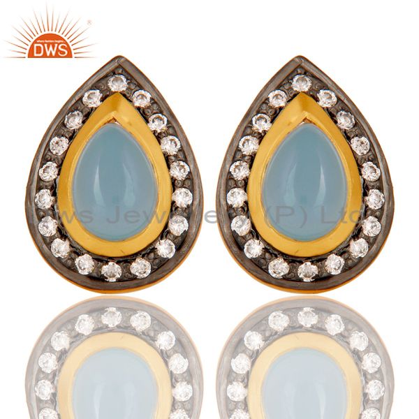 18k Gold Plated Handmade Pear Shpe Design Brass Earrings with Chalcedony & CZ