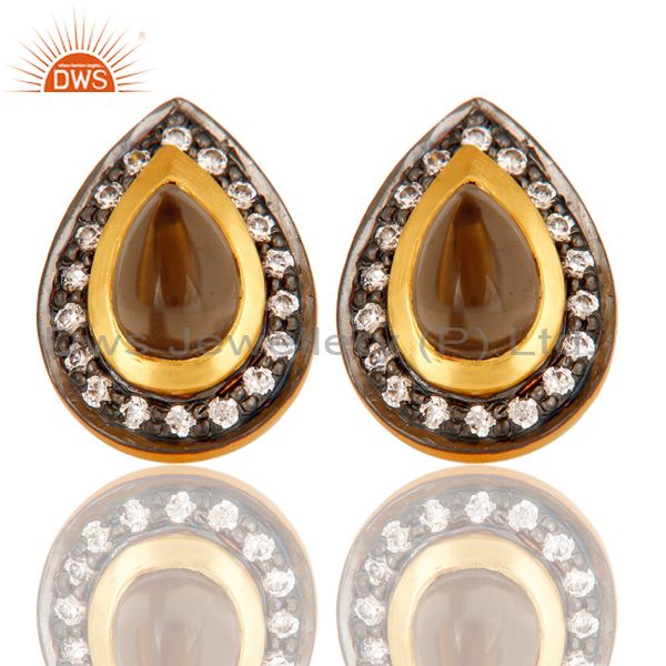 18k Gold Plated Handmade Pear Shape Design Brass Earrings with Smokey & CZ