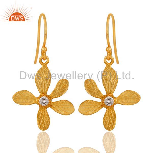 Traditional Handmade 18k Yellow Gold Plated Flower Design Brass Earrings with CZ