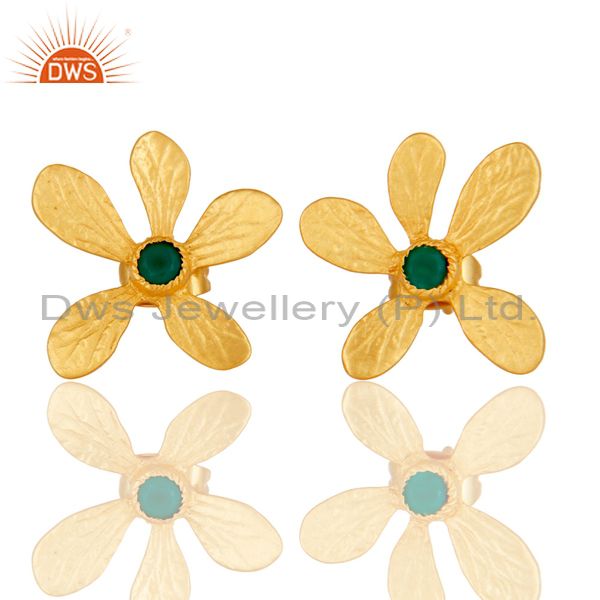 Handmade 18k Gold Plated Flower Design Brass Studs Earrings With Green Onyx