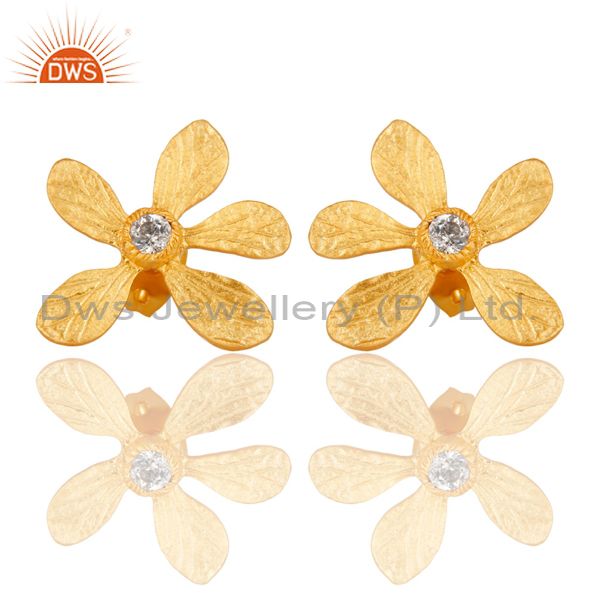 14K Yellow Gold Plated Handmade Flower Design White Zirconia Stud Brass Earrings