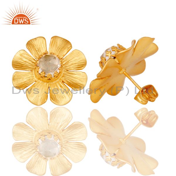 Crystal Quartz Traditional Wide Style Brass Studs Earrings With 18k Gold Plated