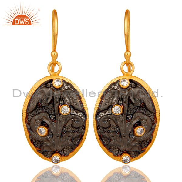Handmade Flower Graving Design Brass Earrings with 18l Gold Plated & CZ