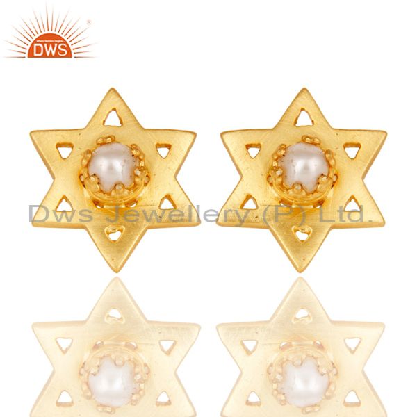 18K Gold Plated Handmade Star Design Pearl Brass Studs Earrings Jewellery