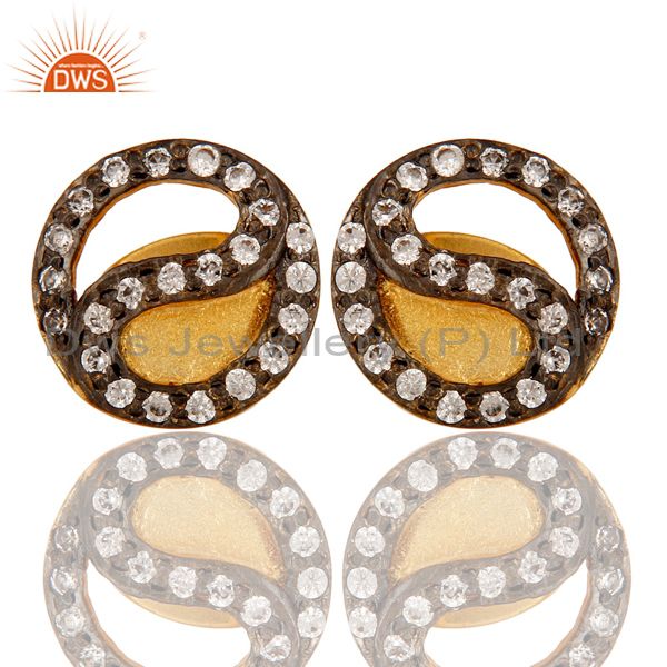 18k Yellow Gold Plated Handmade Round Design White Zirconia Brass Studs Earrings
