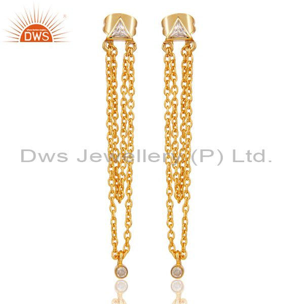 White Zirconia Fashion Link Chain Brass Drops Earrings With 18k Gold Plated