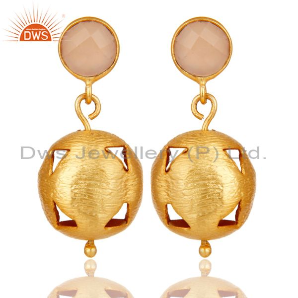 18K Yellow Gold Plated Handmade Dyed Chalcedony Gemstone Dangle Brass Earrings