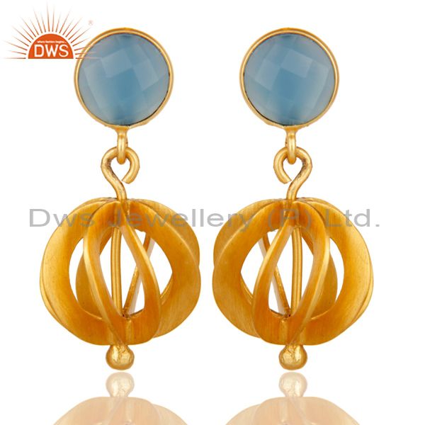 Blue Chalcedony Gemstone Gold Plated Brass Fashion Earrings Jewelry