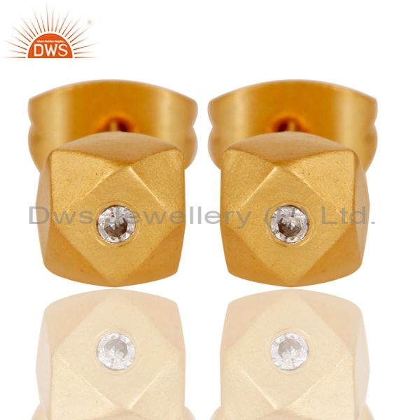22k Gold Plated Little Flash Stylish White Zirconia Brass Stud Earrings