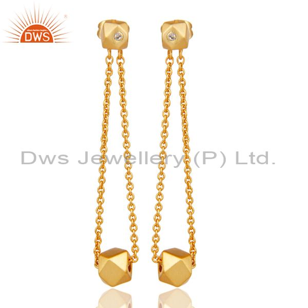 18k Yellow Gold Plated Handmade Chain Link White Zirconia Brass Dangle Earrings