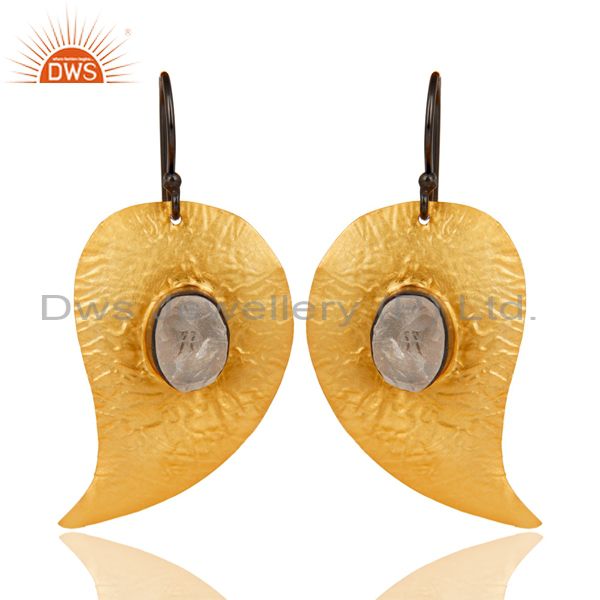 14K Gold Plated Traditional Handmade Leaf Design Crystal Quartz Brass Earrings