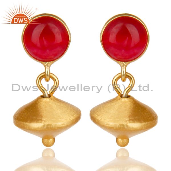 14K Yellow Gold Plated Handmade Red Aventurine Gemstone Drops Earrings