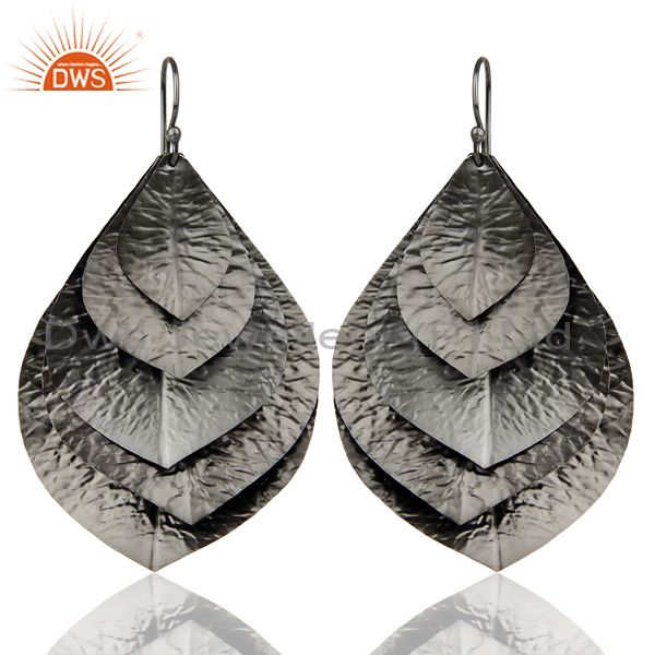 Black Oxidized Traditional Handmade Textured Leaf Design Dangle Earrings
