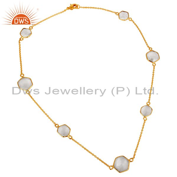 Traditional handmade 18k yellow gold plated crystal quartz brass chain necklace