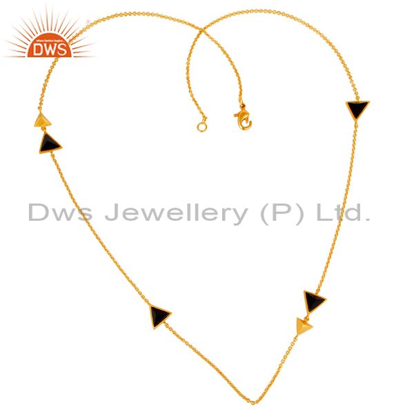 22k yellow gold plated handmade black onyx gemstone brass chain necklace