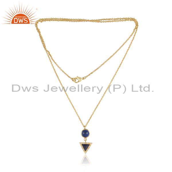 22k gold plated white zirconia & lapis lazuli gemstone chain pendant necklace