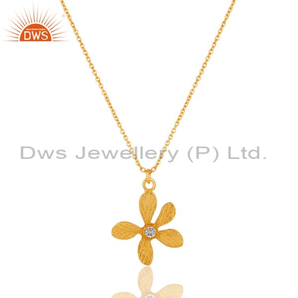 18k gold plated white zirconia handmade flower style brass chain pendant