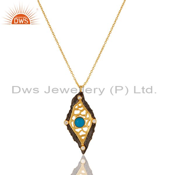 Natural turquoise & white zirconia brass chain pendant with 18k gold plated