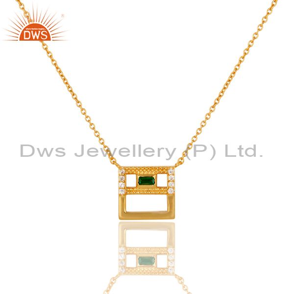 Green & white zirconia 18k gold plated handmade brass chain pendant necklace