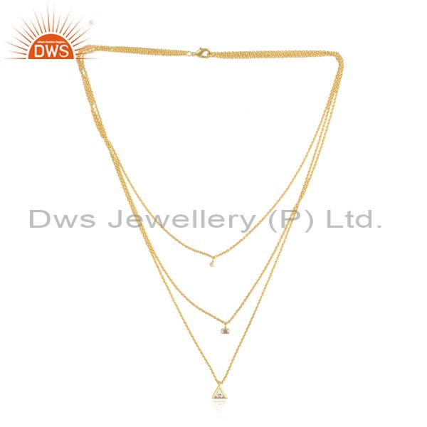 Handmade 18k gold plated three line cubic zirconia chain pendant necklace