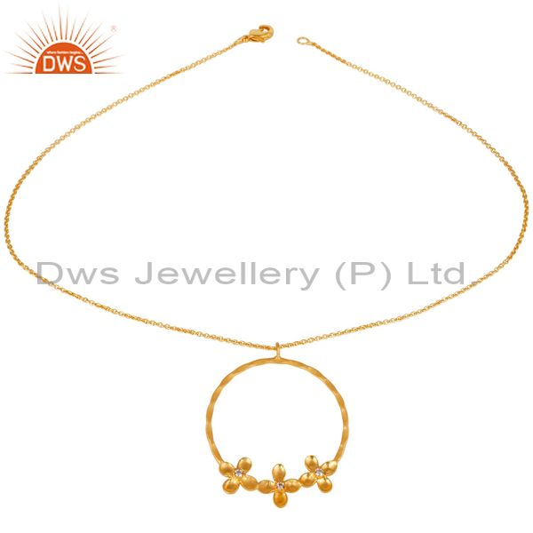 14k yellow gold plated handmade flower design wide brass chain pendant necklace