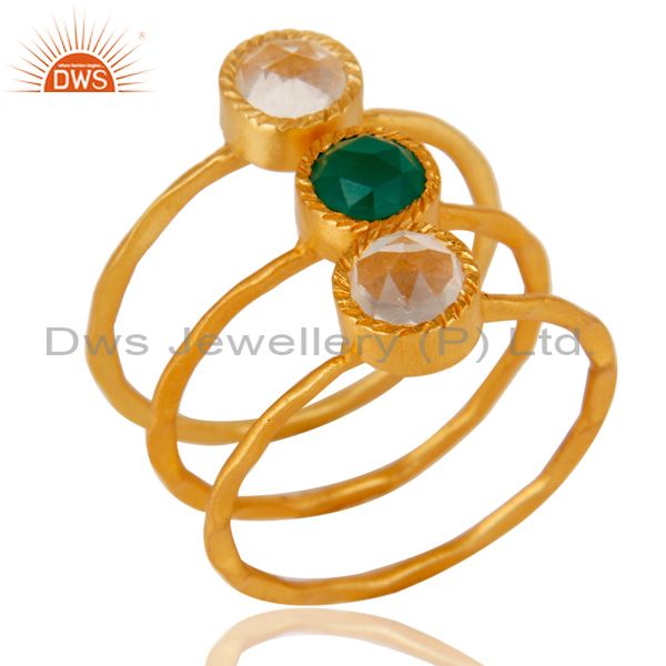 18K Gold Plated Green Onyx & Crystal Quartz 3 Set Of Brass Stackable Ring