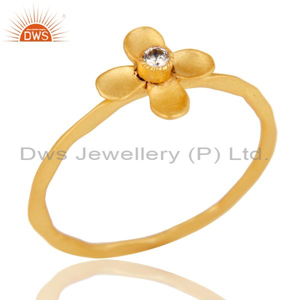 Handmade Flower Design White Zirconia Brass Stackable Ring With 18k Gold Plated