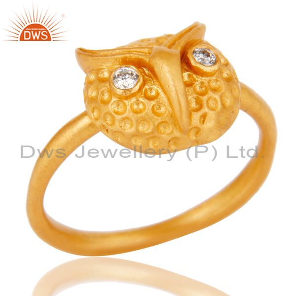 Mind Blowing Handmade Owl Design White Zirconia Brass Ring With 18k Gold Plated