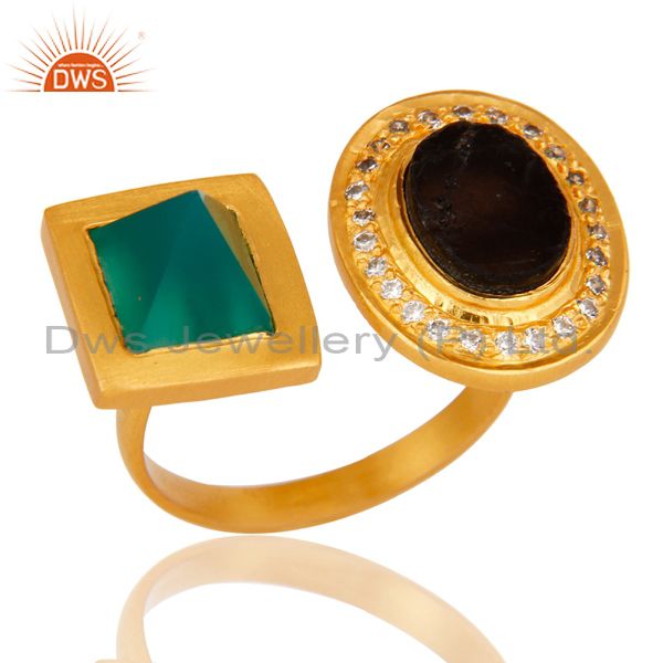 Green Onyx, White Zircon & Smokey Rough with 18k Gold Plated Brass Ring