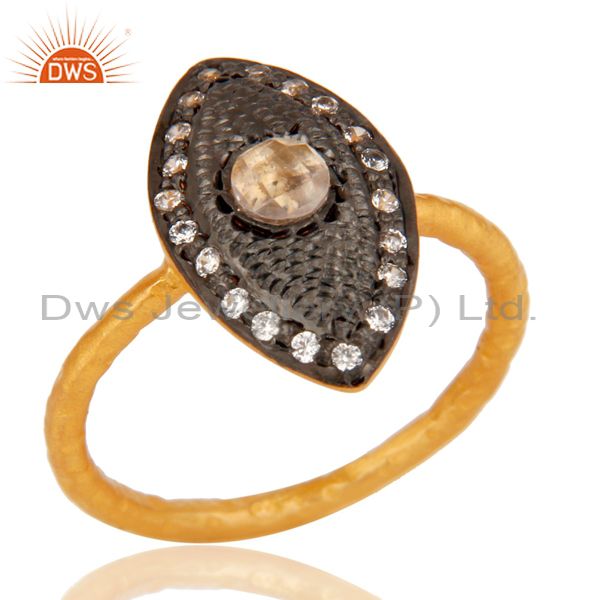 Traditional 18k Gold Plated Handmade Design Brass Ring with White Zircon