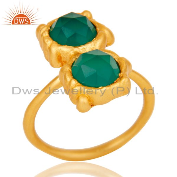 18K Gold Plated Green Onyx Chekered Stone Design Brass Ring
